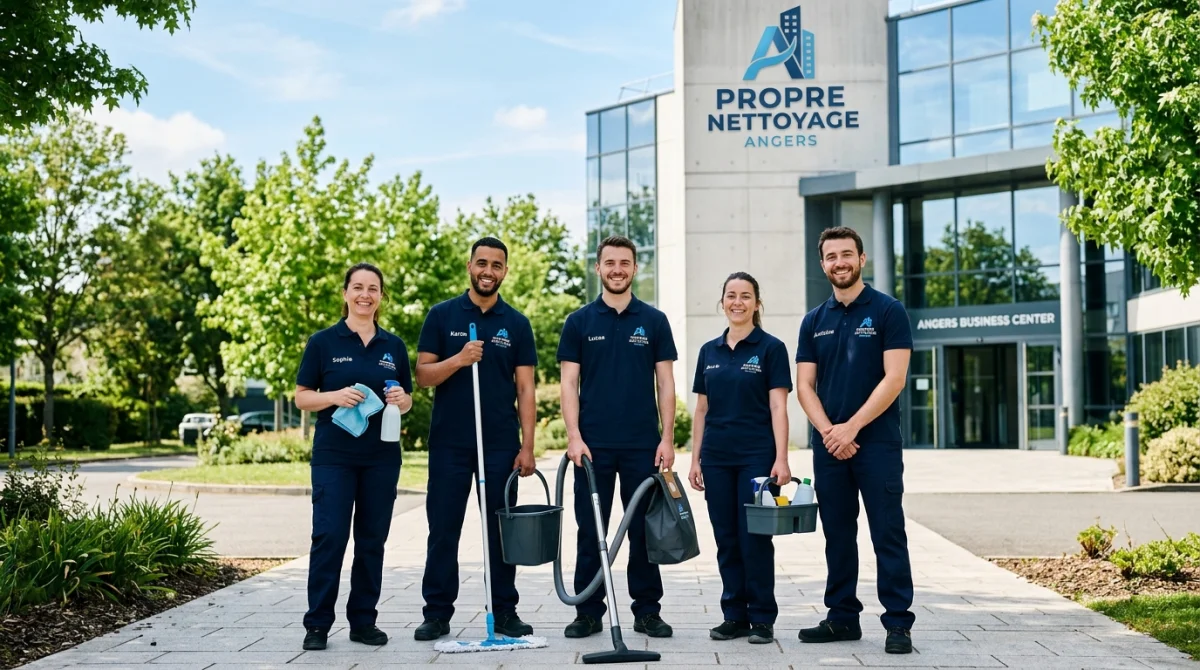 Équipe d'une entreprise de nettoyage professionnelle souriante devant un bâtiment à Angers.