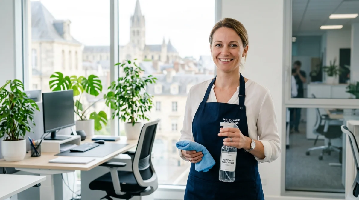 Professionnelle souriante d'une entreprise de nettoyage à Caen, symbolisant propreté et confiance.