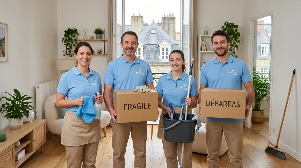 Équipe d'une entreprise de nettoyage et débarras à Rennes, souriante et professionnelle, dans un appartement propre.