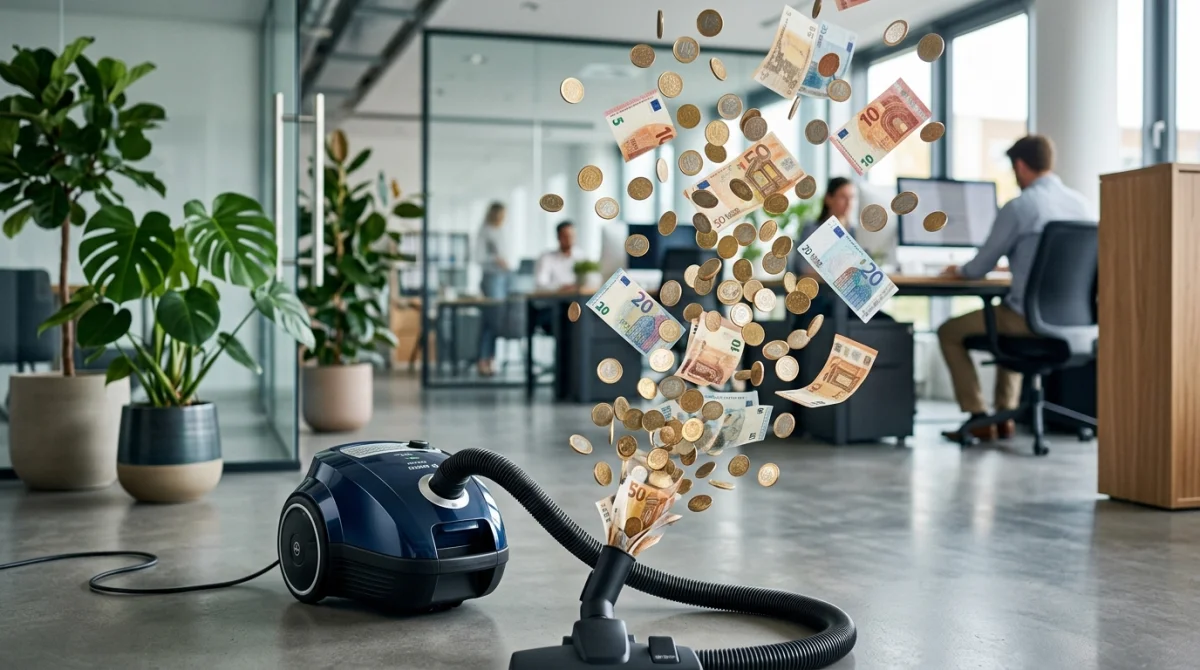 Aspirateur projetant pièces et billets, symbolisant les gains d'une entreprise de nettoyage prospère.