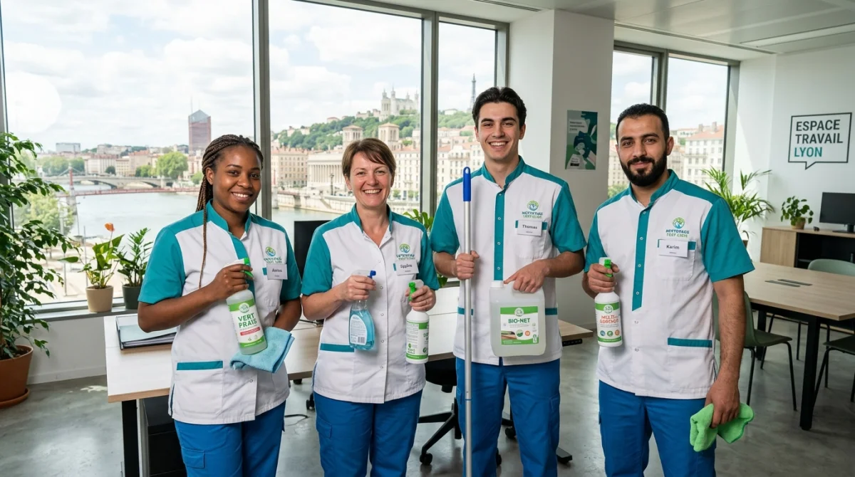 Équipe d'une entreprise de nettoyage à Lyon avec produits écologiques et vue sur la ville