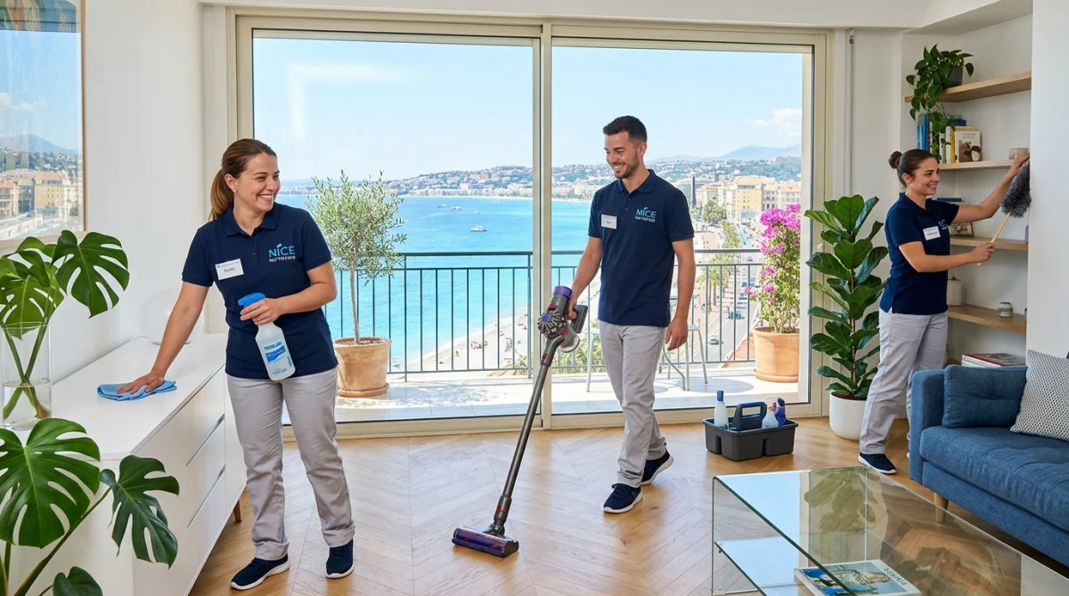 Équipe professionnelle d'une entreprise de nettoyage à Nice, nettoyant un appartement moderne avec vue mer.