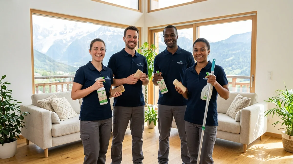 Équipe d'agents de nettoyage professionnels souriants avec produits écologiques, salon moderne en Savoie.