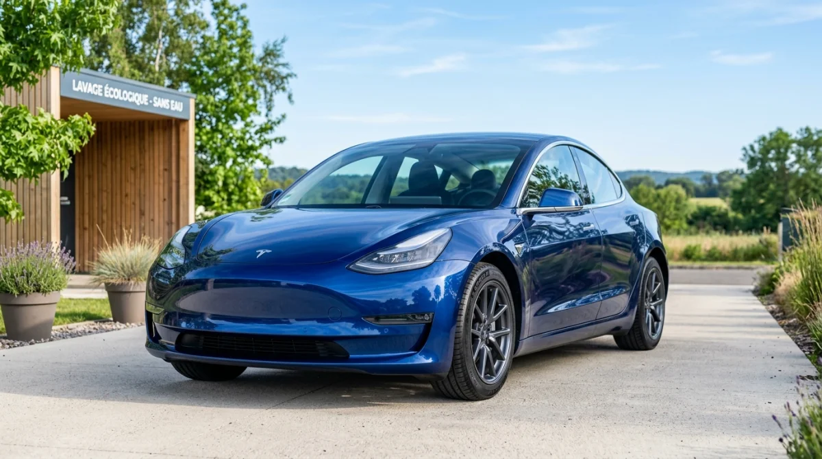 Entreprise de nettoyage voiture : voiture éclatante de propreté, lavage écologique extérieur.