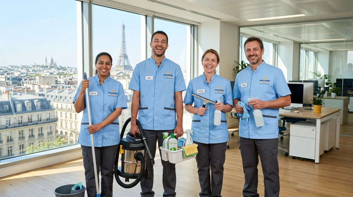 Équipe de nettoyage professionnelle souriante à Paris avec vue sur la Tour Eiffel.