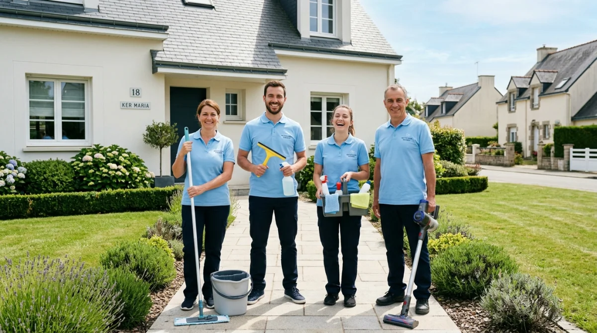 Équipe souriante d'experts en nettoyage et débarras à Rennes devant une maison impeccable.
