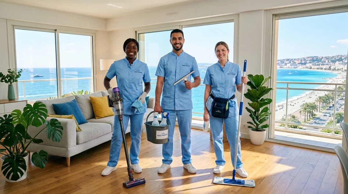 Équipe d'une entreprise de nettoyage à Nice souriante dans un appartement moderne avec vue sur la mer.