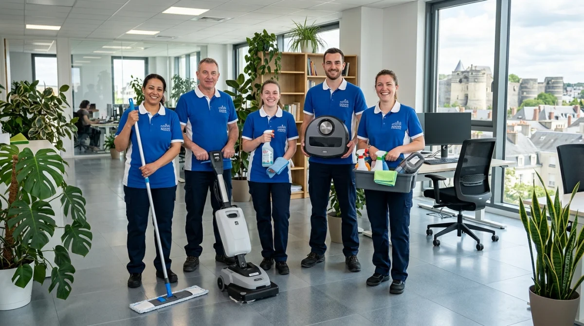 Équipe souriante d'une entreprise de nettoyage à Angers avec équipement moderne
