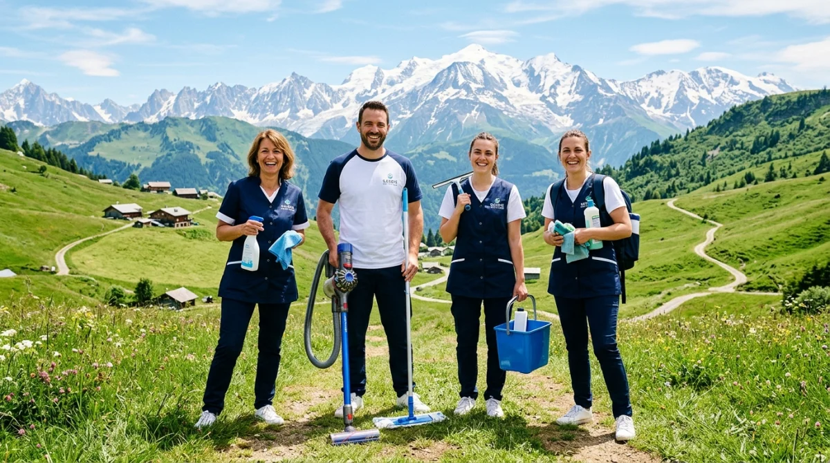 Équipe d'artisans pros en Savoie, matériel moderne, paysage montagneux ensoleillé