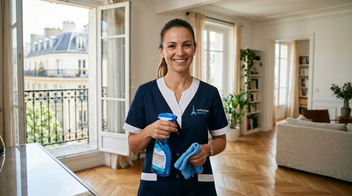 Employée de nettoyage souriante dans un appartement parisien moderne, symbole de propreté et professionnalisme.