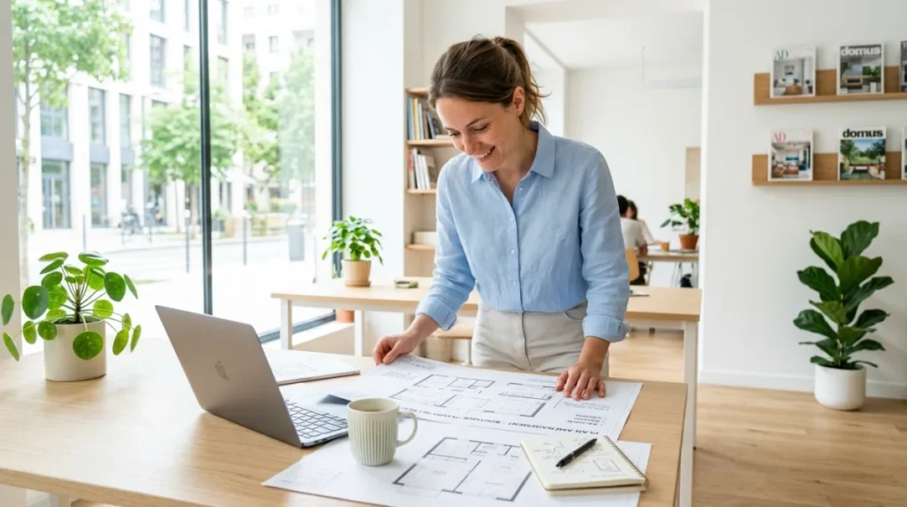 Entrepreneure planifiant le budget d'une entreprise de nettoyage dans un bureau lumineux.