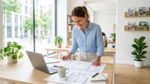 Entrepreneure planifiant le budget d'une entreprise de nettoyage dans un bureau lumineux.
