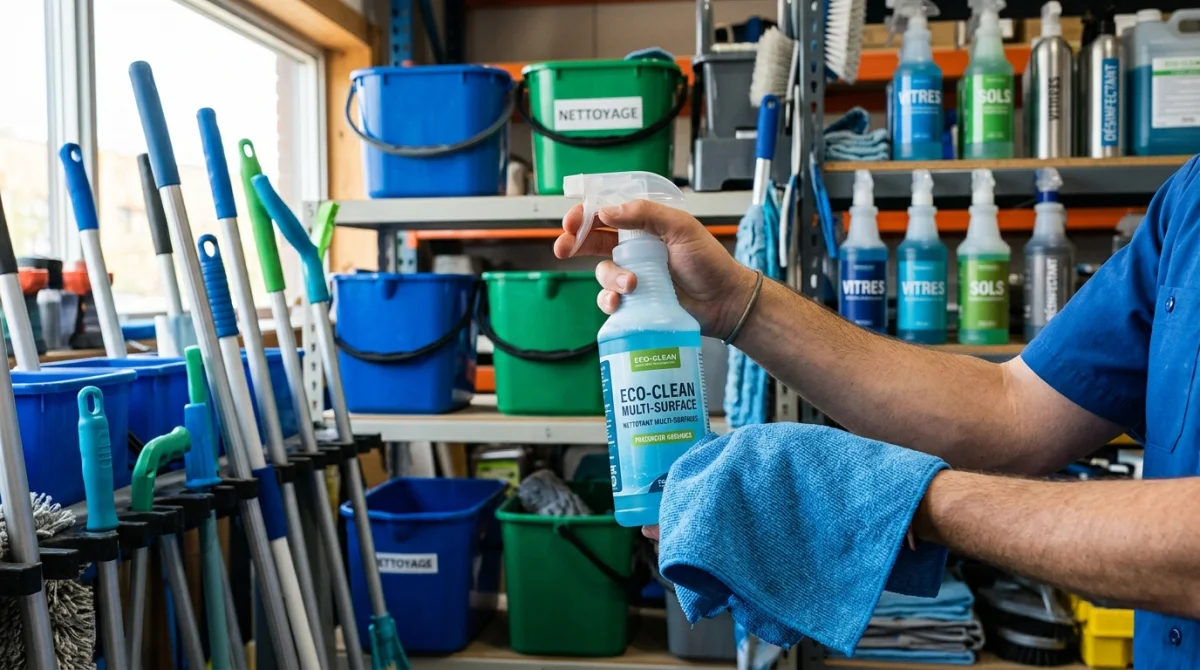 Matériel professionnel pour ouvrir une entreprise de nettoyage : pulvérisateur, chiffon, serpillères, produits.