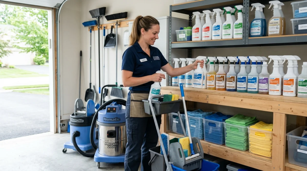 Matériel de nettoyage professionnel organisé pour ouvrir une entreprise de nettoyage.