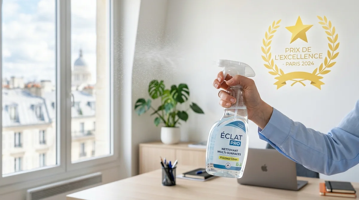 Meilleure entreprise de nettoyage Paris 2026 : main avec spray devant un logo lauréat dans un bureau.