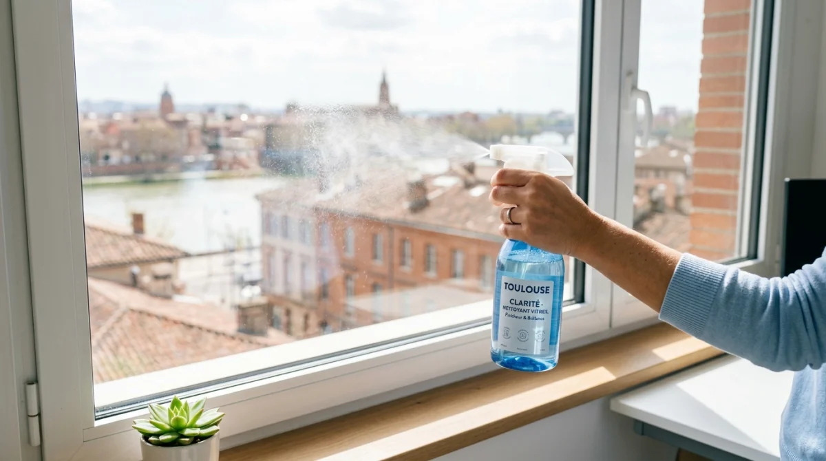Main avec spray nettoyant devant une fenêtre avec vue sur Toulouse