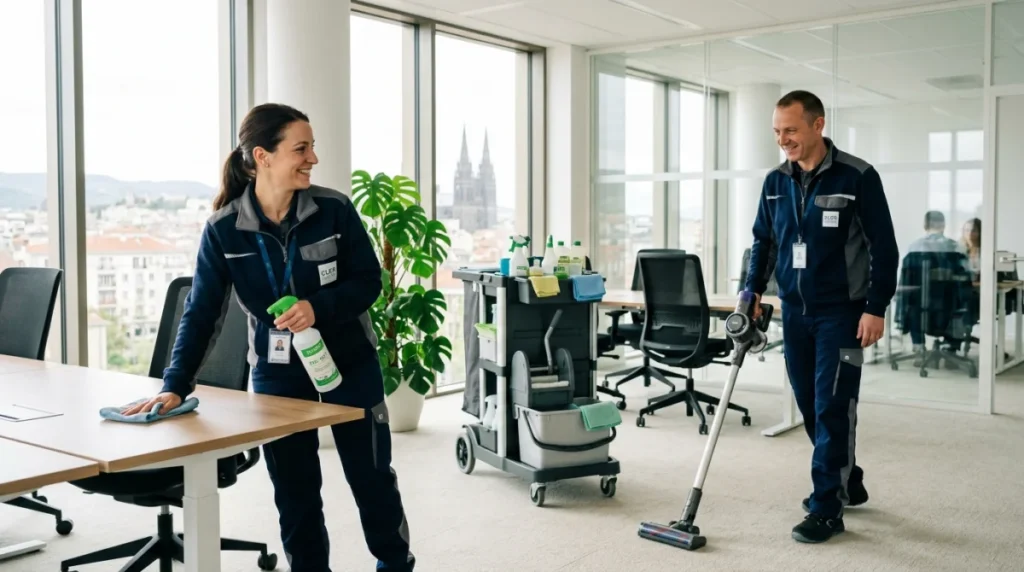 Équipe professionnelle de nettoyage à Clermont-Ferrand, bureau moderne, produits écologiques