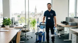 Employé souriant d'une entreprise de nettoyage à Caen, équipement moderne, bureau propre