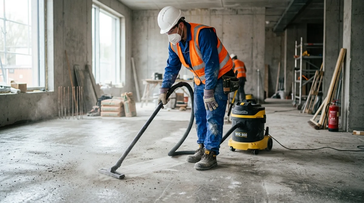 Ouvrier en uniforme nettoyant un sol de chantier avec aspirateur professionnel, fin de chantier.