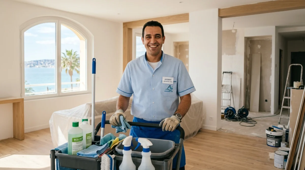 Employé souriant d'une entreprise de nettoyage à Nice avec équipement, maison moderne avec vue mer.