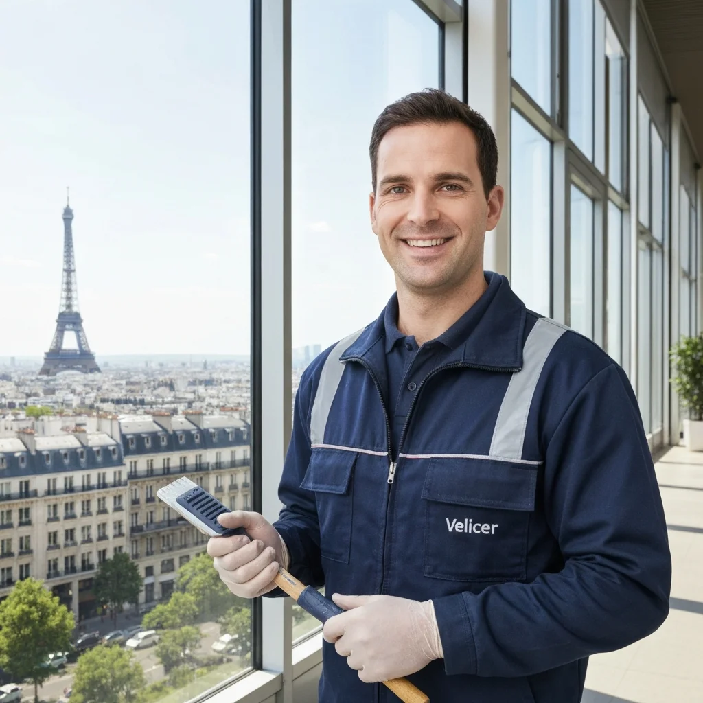 Nettoyeur de vitres professionnel souriant devant un immeuble moderne à Paris, Tour Eiffel au loin.