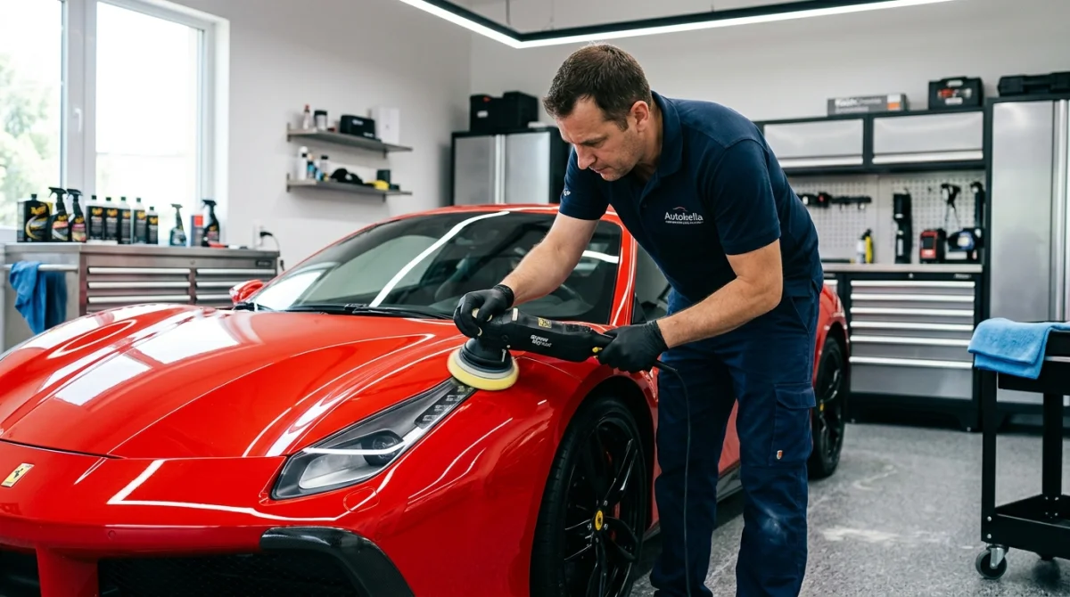 Détailleur professionnel polissant une voiture de sport rouge vif dans un atelier moderne