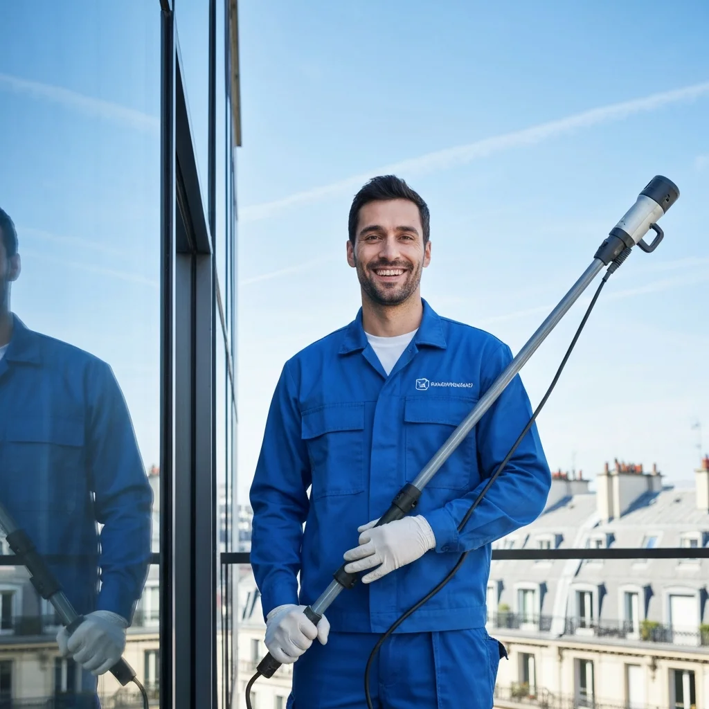 Nettoyeur de vitres professionnel devant un immeuble moderne à Paris, ciel bleu.