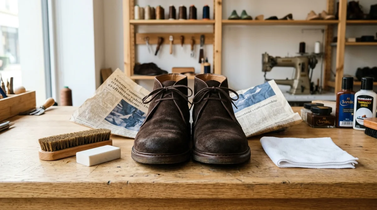 Paire de chaussures en daim sur une table avec accessoires pour apprendre comment nettoyer des chaussures en daim.