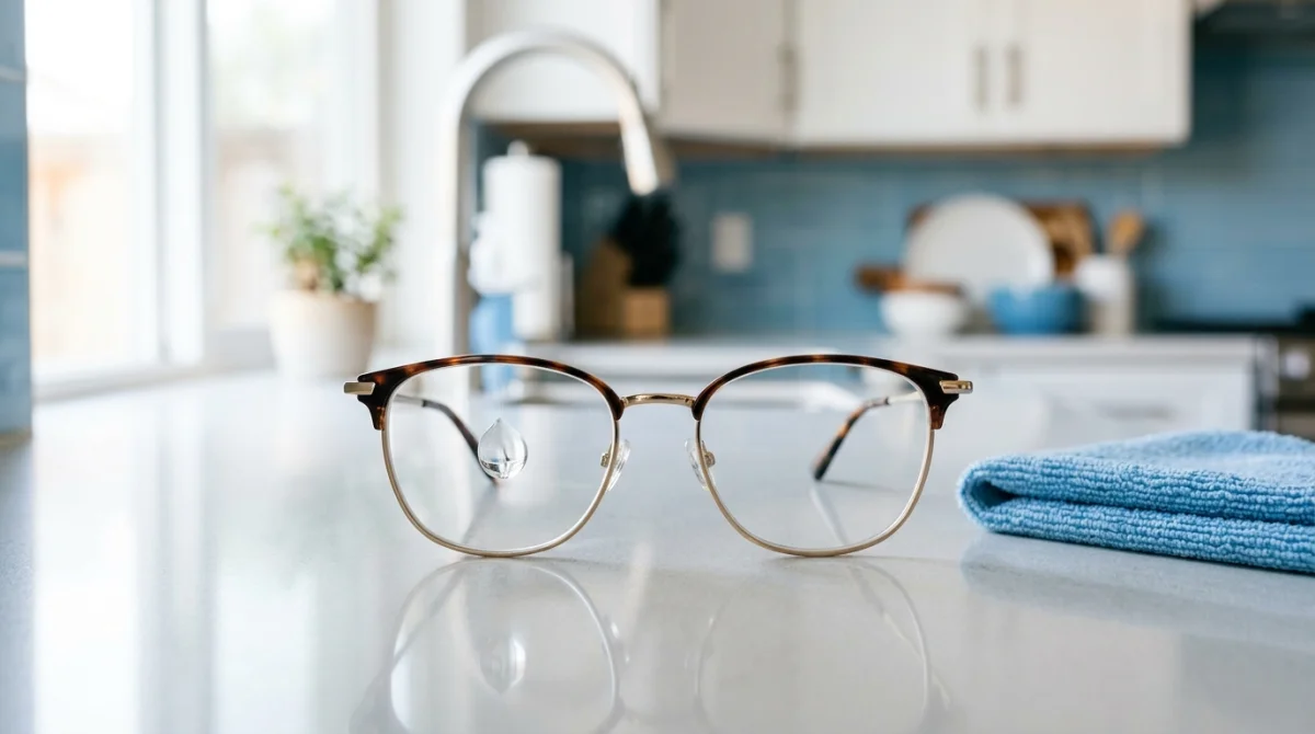 Paire de lunettes de vue avec une goutte de nettoyant et une microfibre pour apprendre comment bien nettoyer ses lunettes.