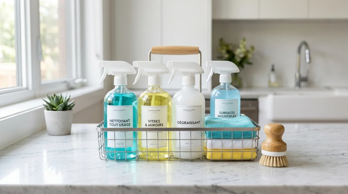 Kit de nettoyage organisé avec vaporisateurs et chiffons sur un comptoir en marbre pour nettoyer la maison vite.