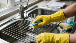 Mains gantées de jaune frottant une grille de four avec une éponge pour apprendre comment nettoyer un four.