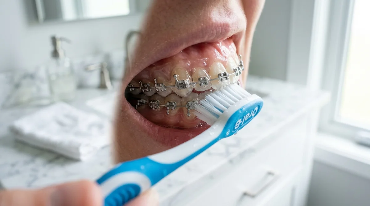 Brosse à dents nettoyant délicatement un appareil dentaire en résine et métal sur un plan de travail.