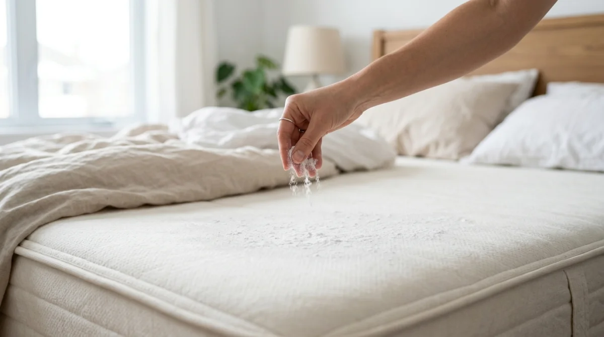 Main saupoudrant du bicarbonate de soude sur un matelas pour expliquer comment nettoyer un matelas efficacement.