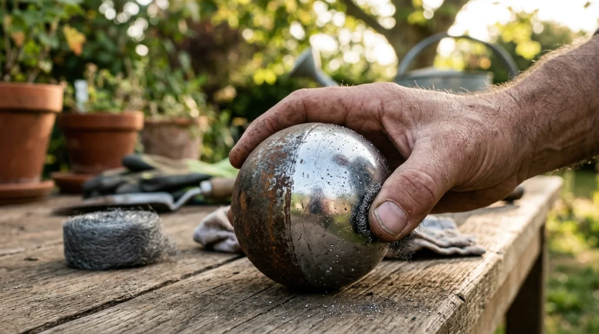 Main tenant une boule de pétanque en acier pour illustrer comment nettoyer des boules de pétanque efficacement.