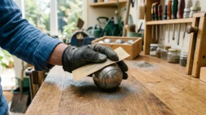 Main gantée utilisant du papier de verre pour nettoyer et polir une boule de pétanque sur un établi.