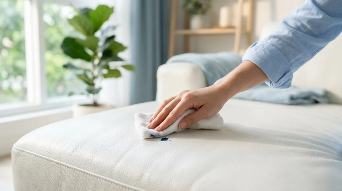 Main nettoyant délicatement une tache sur un canapé en cuir blanc avec un chiffon en microfibre.