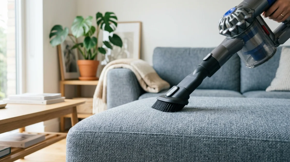 Aspirateur moderne nettoyant délicatement un canapé en tissu texturé dans un salon lumineux et épuré.
