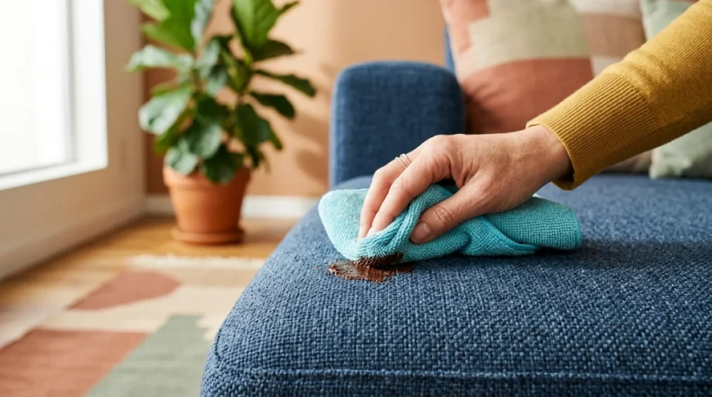 Main nettoyant délicatement une tache sur un canapé en tissu bleu, illustration pour apprendre comment nettoyer un canapé en tissu.