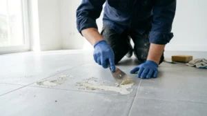 Artisan utilisant une spatule pour gratter les résidus de mortier sur un carrelage neuf après travaux.