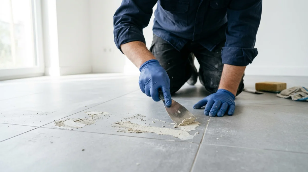 Artisan utilisant une spatule pour gratter les résidus de mortier sur un carrelage neuf après travaux.