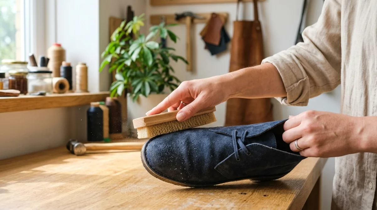 Main utilisant une brosse en crêpe pour nettoyer délicatement des chaussures en daim bleu marine dans un atelier.