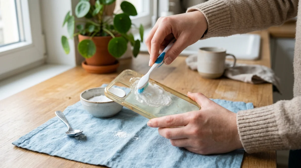 Main nettoyant une coque de téléphone transparente avec une brosse à dents et du bicarbonate de soude.