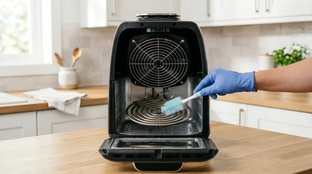Main gantée utilisant une brosse douce pour nettoyer délicatement l'élément chauffant d'un air fryer moderne.