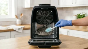 Main gantée utilisant une brosse douce pour nettoyer délicatement l'élément chauffant d'un air fryer moderne.