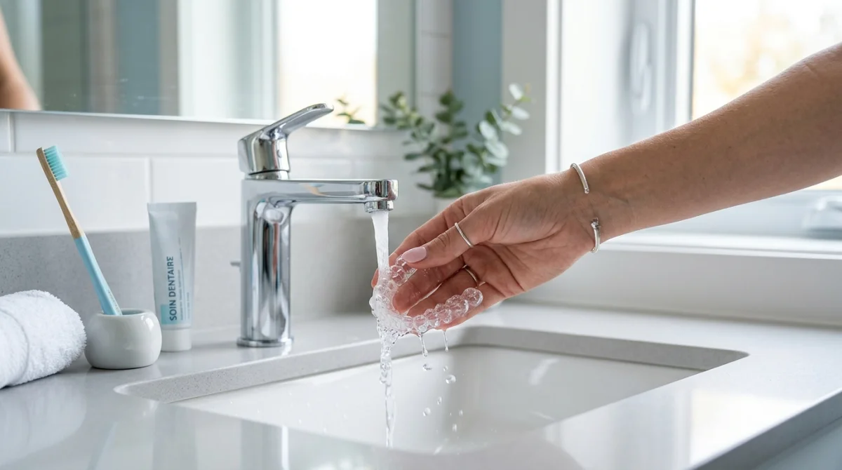 Main tenant une gouttière dentaire transparente sous l'eau pour illustrer comment nettoyer une gouttière dentaire efficacement.