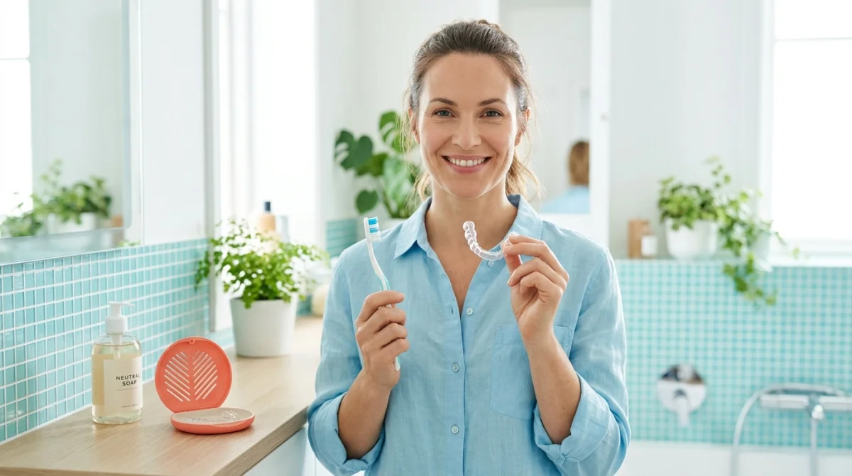 Personne souriante expliquant comment nettoyer une gouttière dentaire transparente avec une brosse à dents dans une salle de bain.
