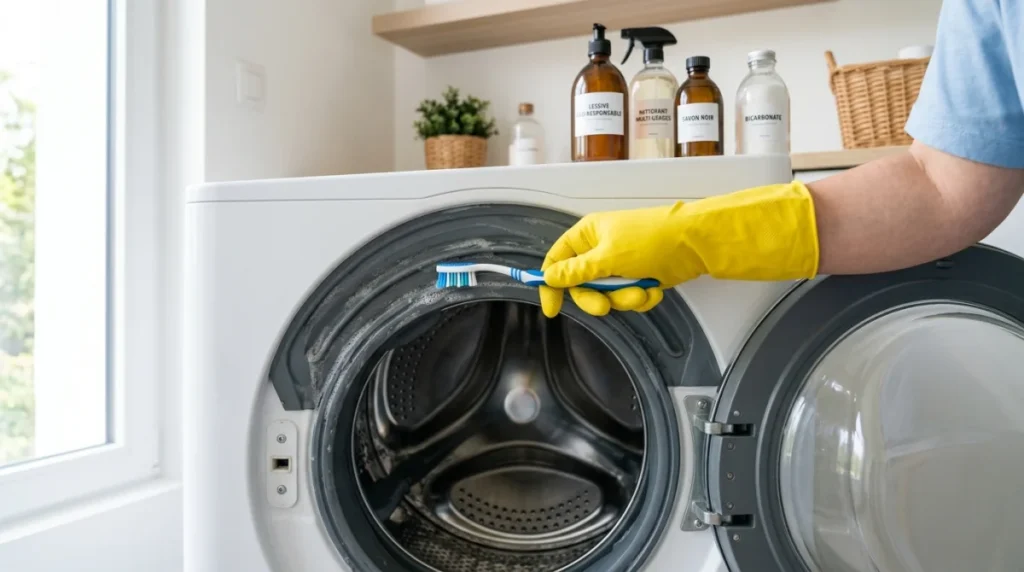 Gros plan sur une main gantée de jaune utilisant une brosse pour nettoyer le joint d'une machine à laver.