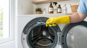 Gros plan sur une main gantée de jaune utilisant une brosse pour nettoyer le joint d'une machine à laver.