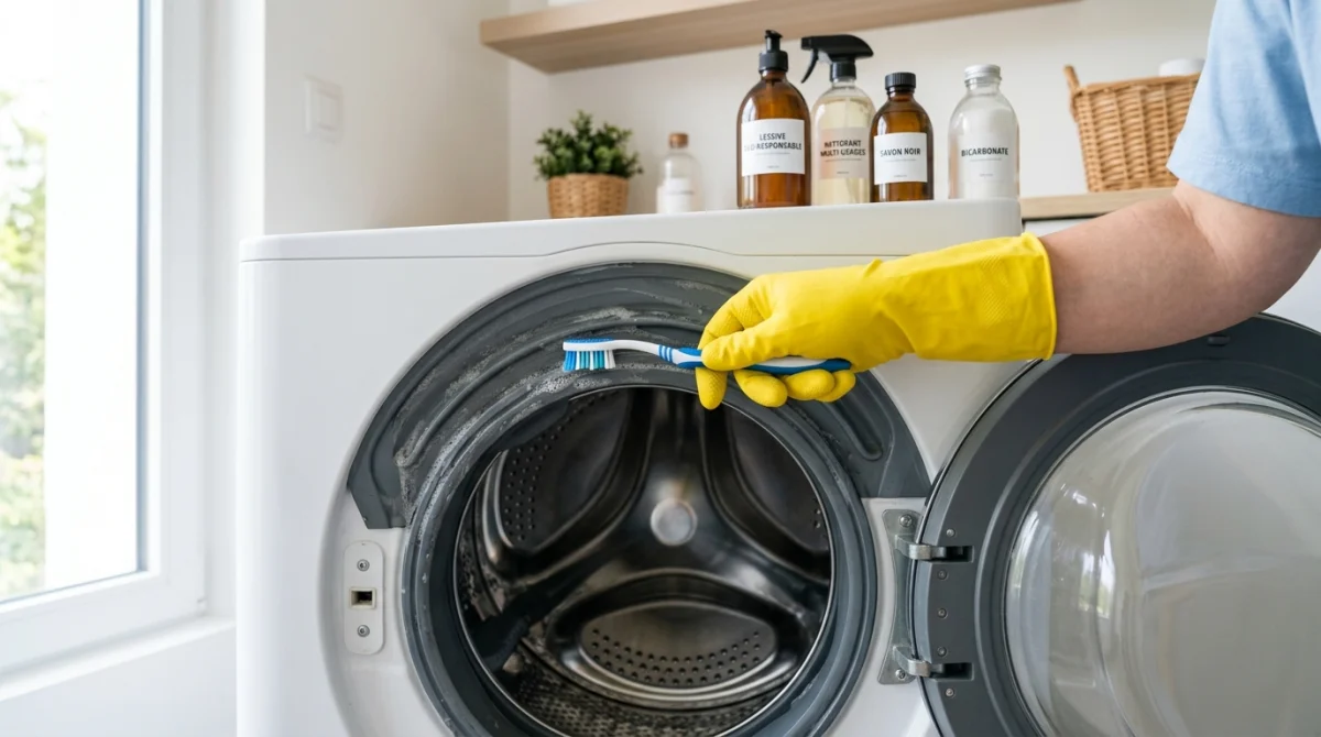 Gros plan sur une main gantée de jaune utilisant une brosse pour nettoyer le joint d'une machine à laver.
