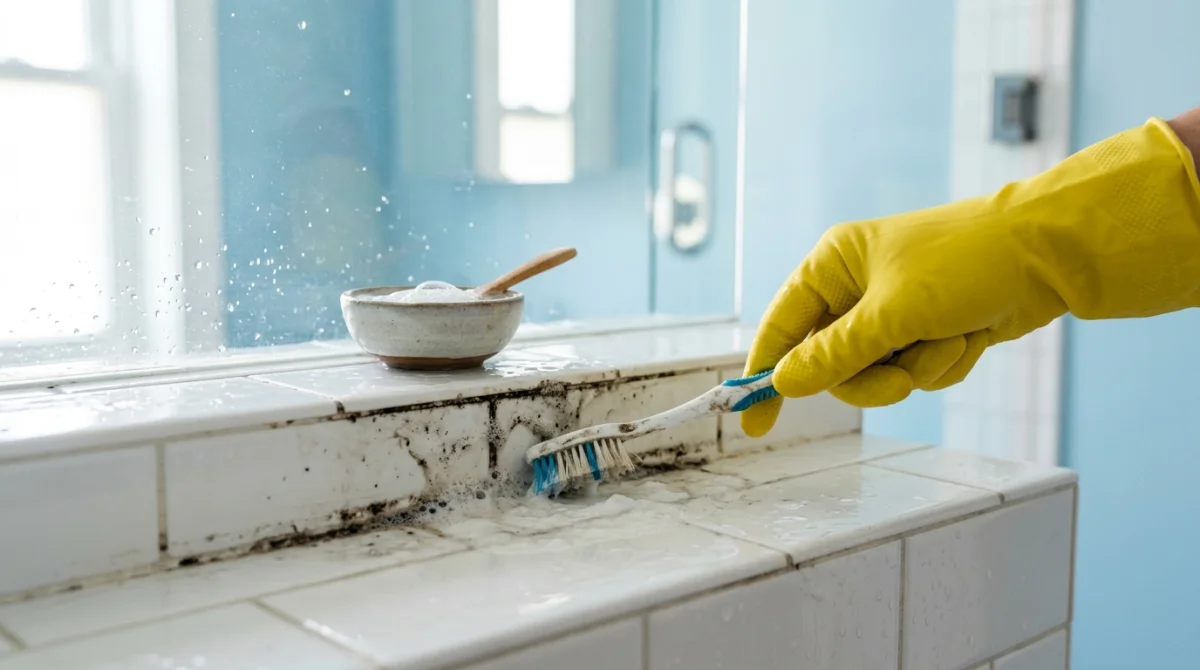 Main gantée nettoyant précisément un joint de douche encrassé avec une brosse pour illustrer comment nettoyer une paroi.